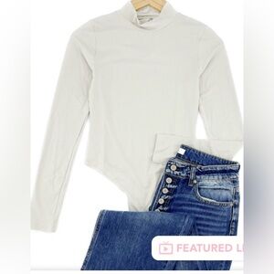 Mock Neck Long Sleeve Bodysuit keyhole neck pearl color
